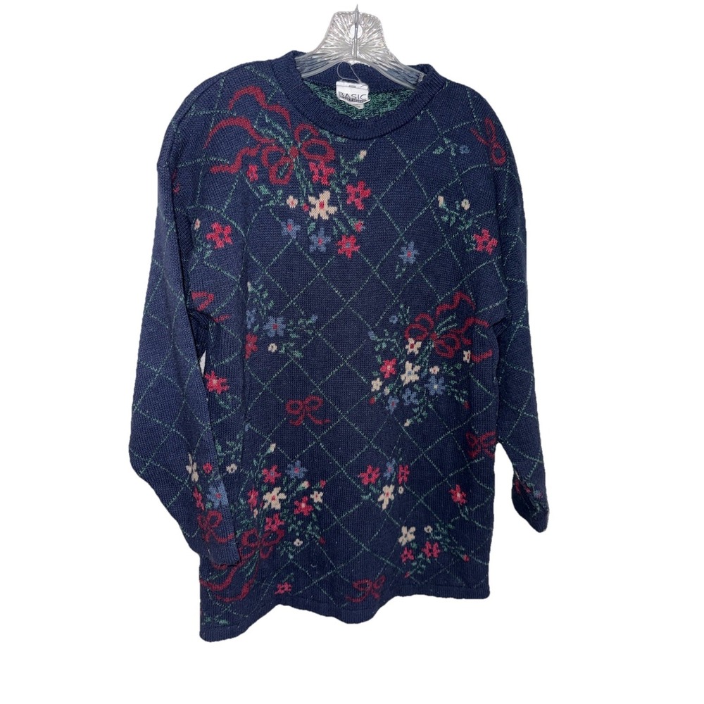 Basic Editions Navy Green Floral Knit Sweater Scalloped Crewneck Medum - Picture 2 of 7